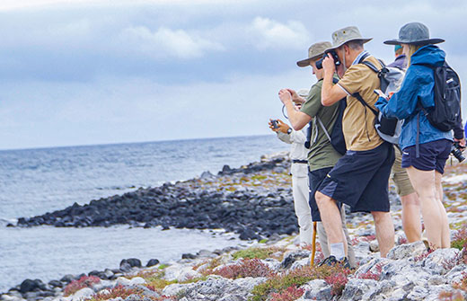 Tourists exploring the volcanic landscape during a guided Galapagos charter shore excursion.