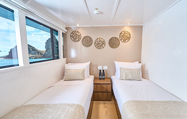 Comfortable twin cabin setup for travelers on the best Galapagos cruise Monserrat.