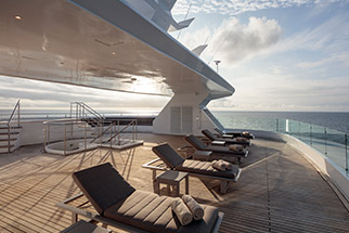 Outdoor jacuzzi located on the Sundeck of the Hermes Galapagos Mega Catamaran, offering panoramic ocean views.