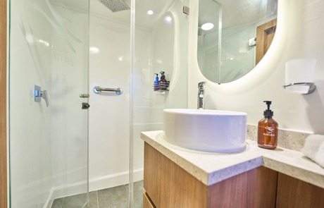 Private bathroom in a cabin on the Monserrat Yacht.