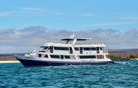Exterior lateral view of the elegant Monserrat Yacht on a Galapagos Cruise.