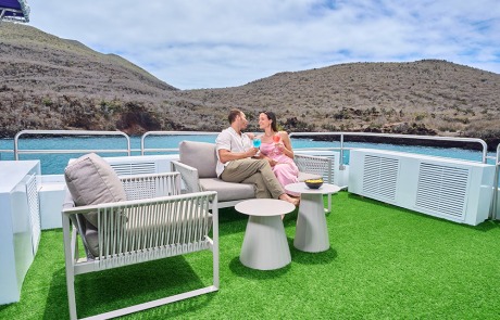 The expansive Sundeck area of the Monserrat Yacht, ideal for relaxing during the Galapagos Cruise.